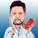 Carnicero con cuchillo y filete, caricatura de foto