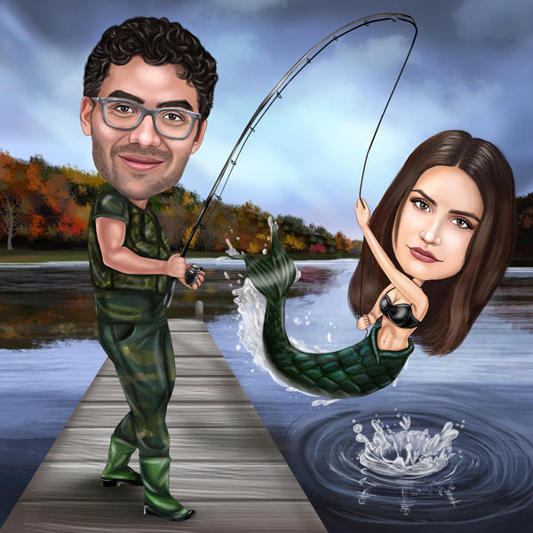 Hobby Couple Caricature: Cartoon Fishing din Foto
