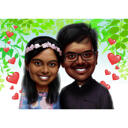 Karikatura páru v indickém oblečení ručně kreslená z fotografií