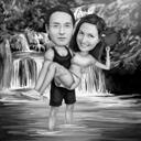 Full Body Exaggerated Couple Caricature in Black and White Style with Custom Background