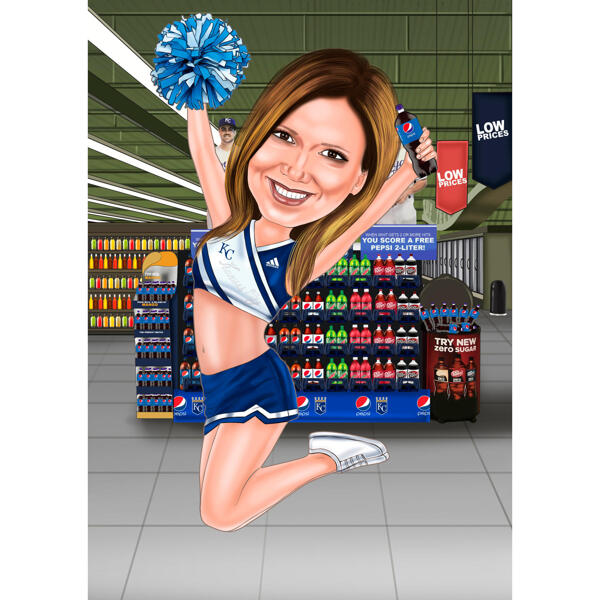 Baseball Cheerleader Caricature in Colored Style with Custom Background