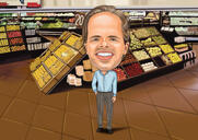 Vlastní barevná karikatura prodejce z fotografií s pozadím obchodu