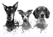Retrato de três cães em estilo aquarela monocromático em tons de cinza das fotos