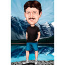 Male Tourist Caricature in Color Style on Mountain Background