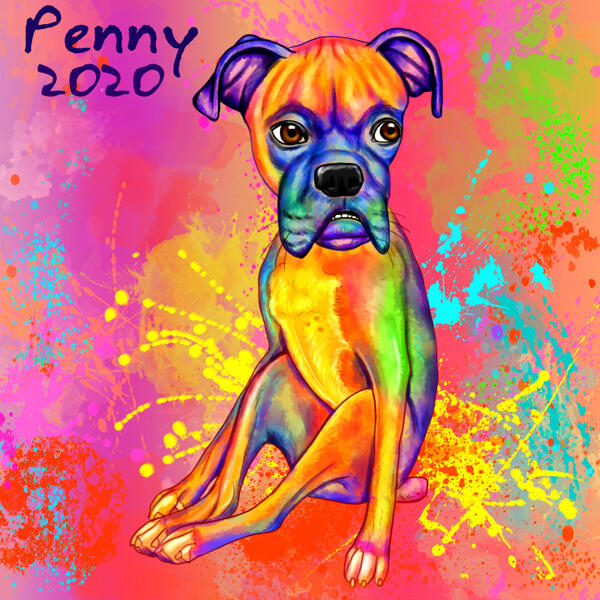 Pilna ķermeņa boksera suņa karikatūras portrets akvareļa stilā ar krāsainu fonu