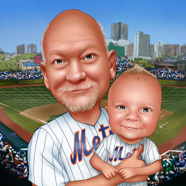 Father and Kid Caricature in Favorite Baseball Team Uniform
