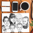 Ģimenes grupas portreta multfilma, kas digitāli zīmēta ar rokām no fotoattēliem — drukā uz plakāta