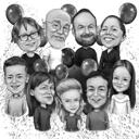 Velká rodinná skupinová karikatura v černobílém stylu