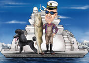 Desenho de caricatura de pescador em barco