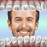 Dentista che guarda attraverso la caricatura dei denti