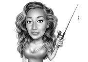 Hermoso dibujo de dibujos animados de persona de pelo rizado en estilo digital en blanco y negro de fotos