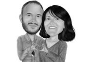 Couple Showing Hearts - High Caricature Drawing in Black and White Style