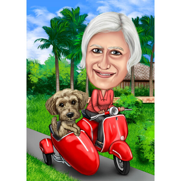Ejer med kæledyr på Vespa-karikatur med brugerdefineret baggrund fra fotos