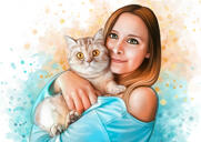 Astonishing Caricature Cartoon Portrait of Person with Pet in Natural Watercolors