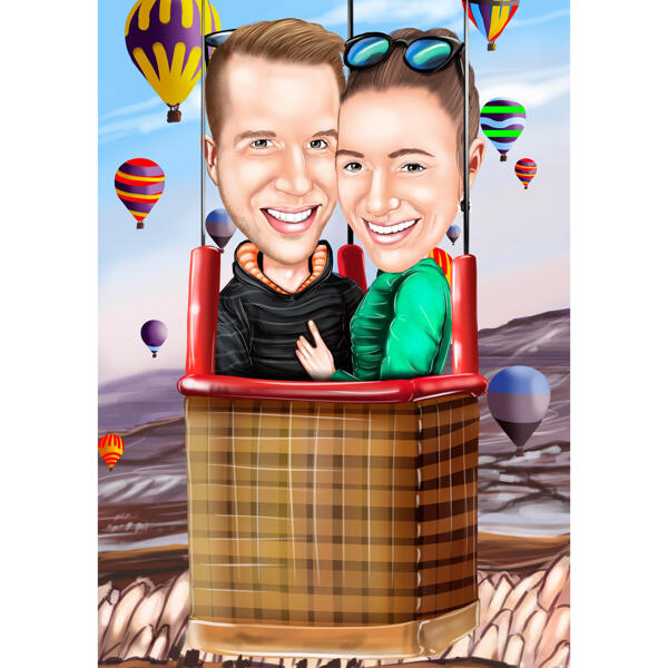 Custom Couple Caricature on Hot Air Balloon