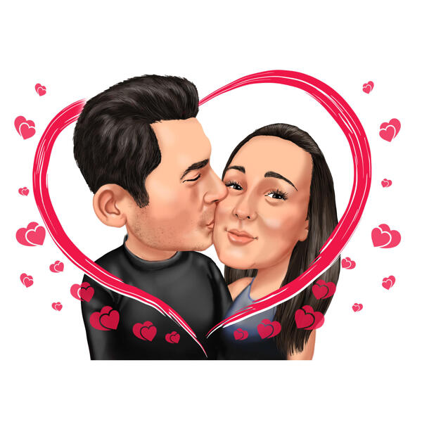 Hearted Kiss on Cheek Couple Caricature in Color Style from Photo