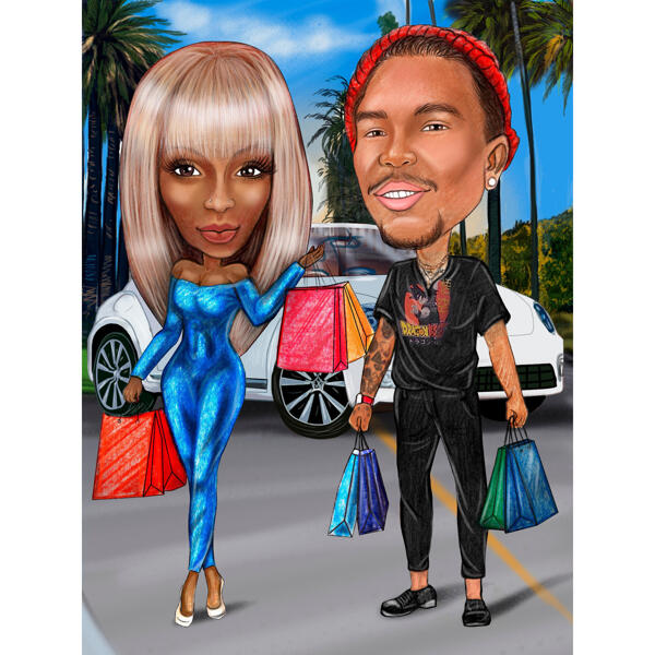Shopping Couple Caricature in Color Full Body Hand Drawn from Photos
