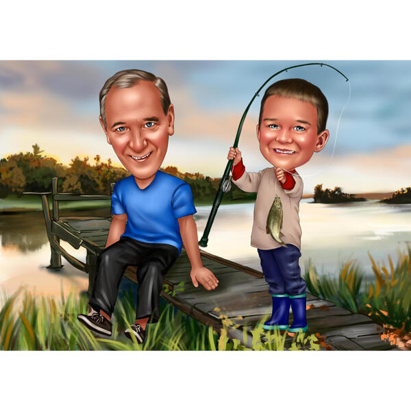 Isa ja poja kalapüügi karikatuur järve taustaga