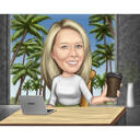 Caricatura da ufficio con scrivania, laptop e caffè per regalo da ufficio personalizzato