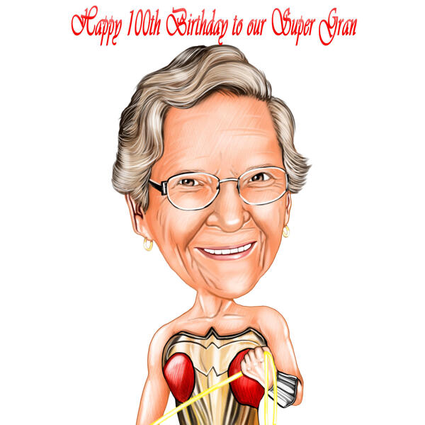 Caricatura de super-heroína para presente de aniversário de avó
