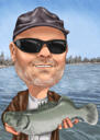 Карикатура на человека с большой рыбой в цветном стиле для подарка рыбаку