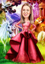 Full Body Colored Style Caricature Mastery from Photos with Castle Background