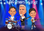 Caricatura di musicista di famiglia con batteria e tromba
