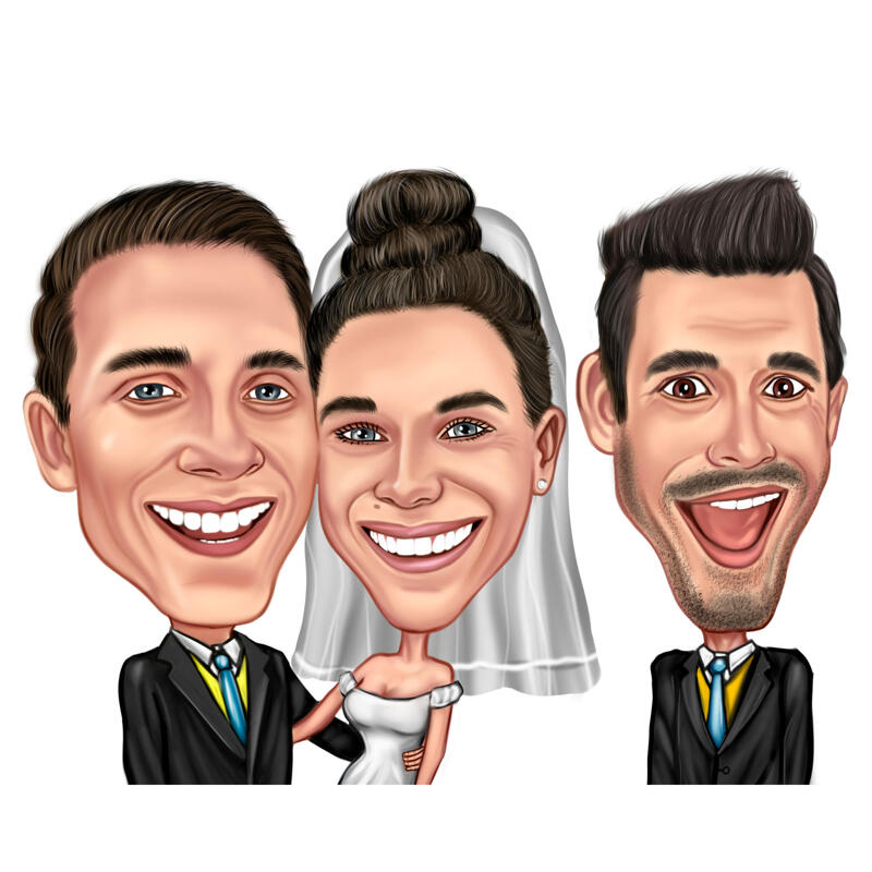 Groom with Bride and Best Man Cartoon from Photos in Funny Exaggerated  Caricature Style