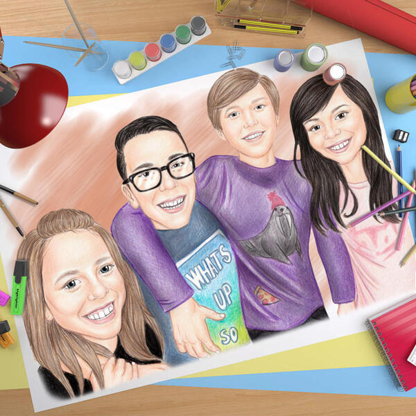 Kindergruppen-Karikaturporträt mit einfarbigem Hintergrund auf Plakat