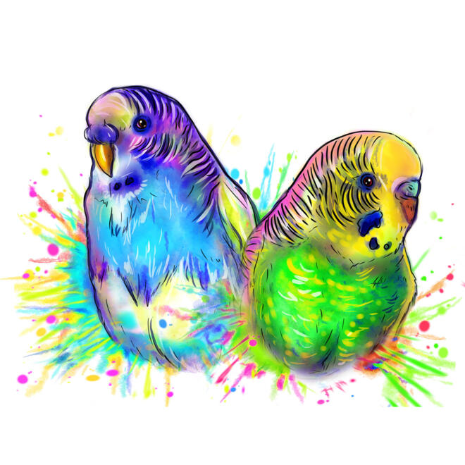 Dva papoušci akvarel styl jasný portrét z fotografií