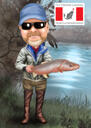 Zvejnieka karikatūras dāvanas ideja — vīrietis ar zivīm un alu uz pielāgota fona