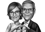 Caricatura de pareja mostrando la mano y el corazón en estilo blanco y negro