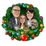 Rodinná vánoční karikatura s domácími mazlíčky v sváteční věnec