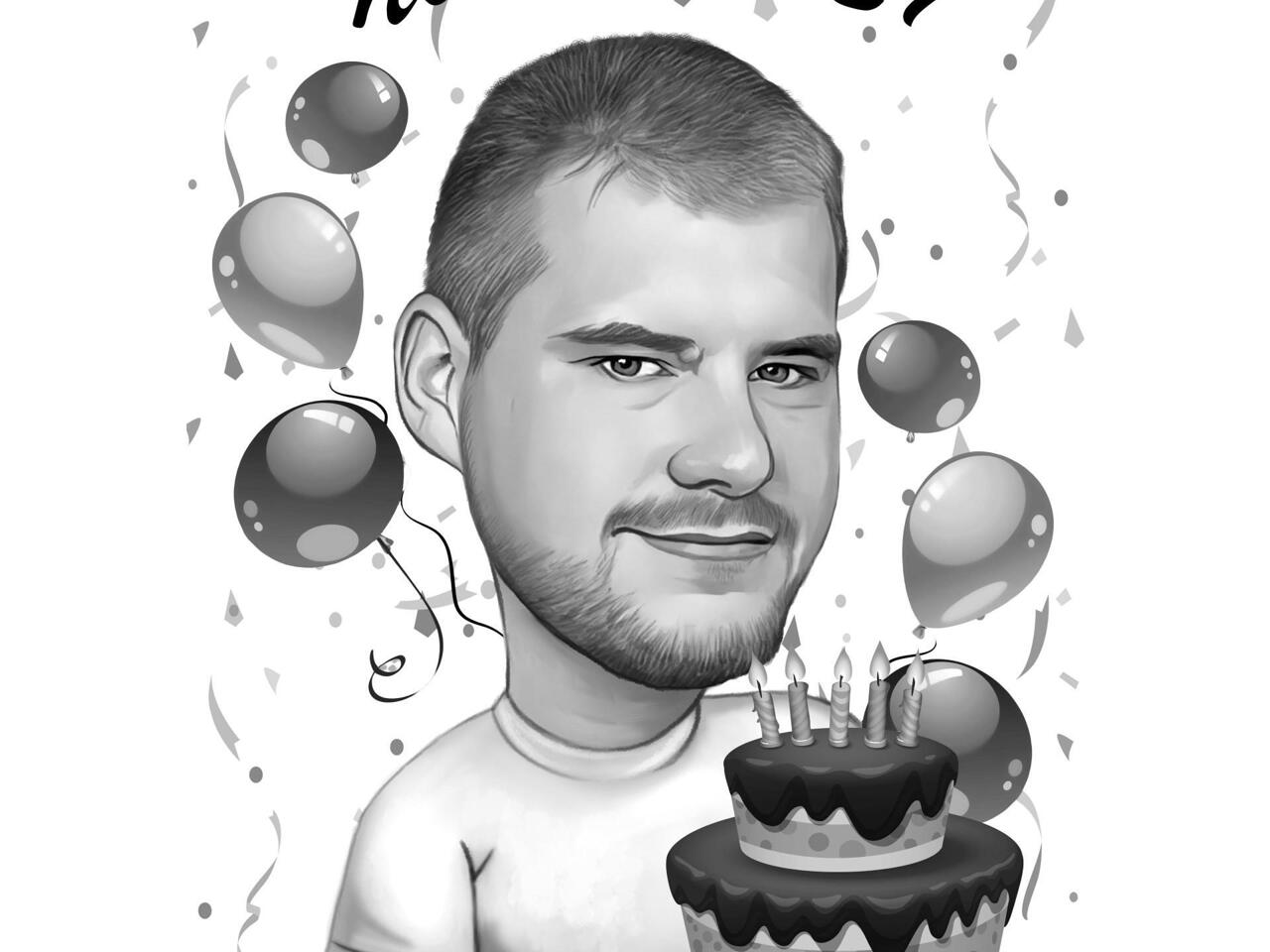 Homme avec cadeau de caricature d anniversaire de g teau dans un st