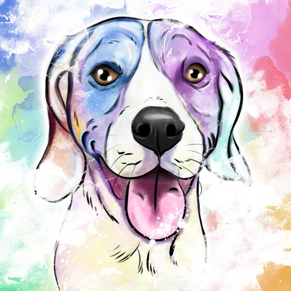 Akvarelhundportræt i pastelfarver med farvet baggrund