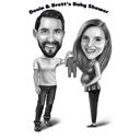 Caricatura de casal de anúncio de grávida em estilo preto e branco da foto
