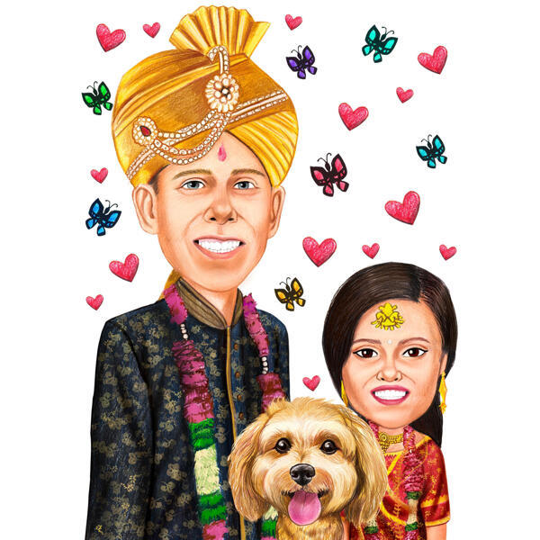 Ritratto di caricatura di coppia indiana con animale domestico in abiti formali tradizionali dalle foto
