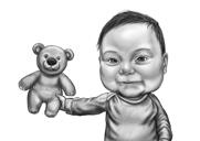 Caricature d'un enfant avec son jouet préféré : style noir et blanc