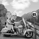 Koppel op motorfiets karikatuur cadeau in zwart-wit stijl met aangepaste achtergrond
