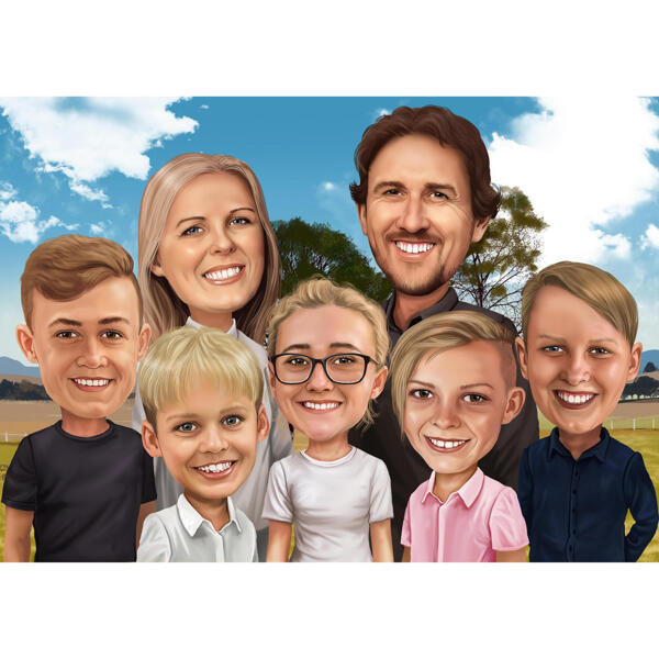 Brugerdefineret familiekarikatur fra fotos i digital stil