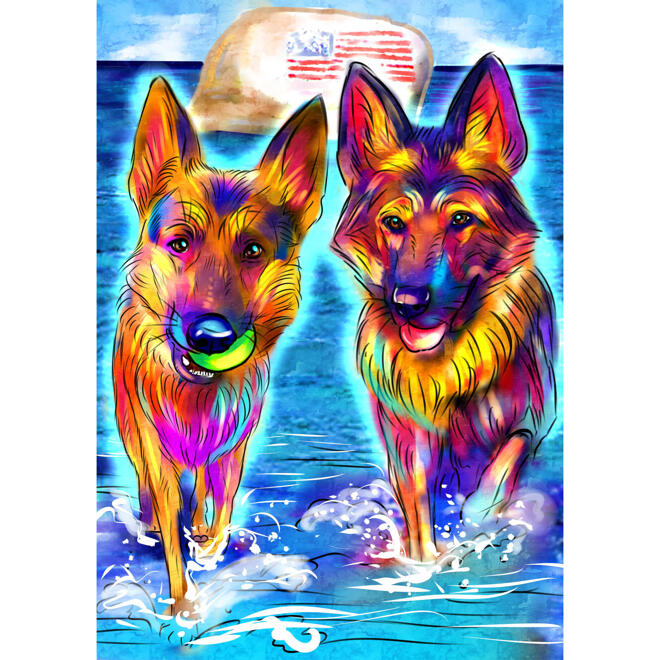 Psi koupající se v moři Karikatura ve stylu akvarelu z fotografií