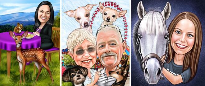 Owner with Pets Caricatures