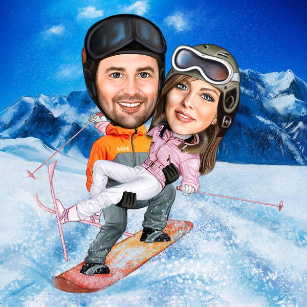 Pāra sporta karikatūra ziemas slēpes un snovbords no fotoattēliem