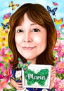 Vacker kvinna tecknad porträtt i färgstil med blommor bakgrund från foto