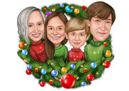 Karikatuur van een familiegroep in een kerstkrans