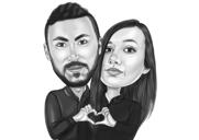 Casal mostrando a mão coração caricatura em estilo preto e branco