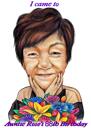 Cadeau de portrait de caricature de dessin animé de jour de la femme de style coloré tenant un bouquet de fleurs sauvages