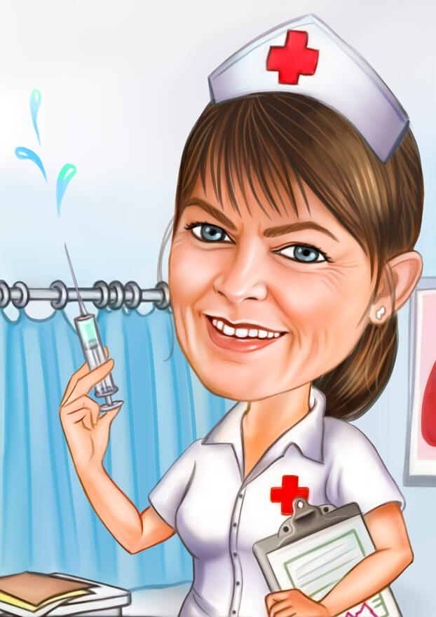 Nurse Caricature Drawing in Color Style on Custom Background