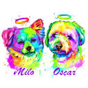 Retrato memorável de dois cães em estilo aquarela com halo