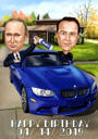 Caricatura di due persone in auto con sfondo personalizzato